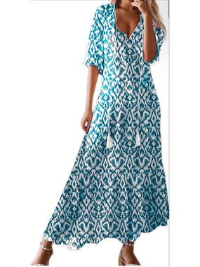 NEW Floral Loose Lightweight Beach 3/4 Ruffle Sleeve Maxi Dress V Neck A Line M